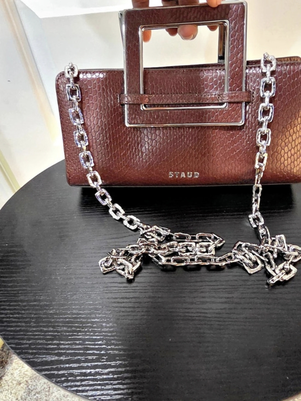 STAUD Shirley Metal Handle Convetible Clutch Bag in Brown